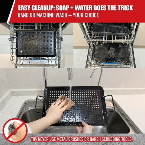 Massive Three Piece Grill Basket Set for Outdoor Grillin being cleaned in dishwasher and sink with soap and water