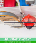 Garage Ceiling Kayak Rack With Adjustable Hangers For Two Kayaks SUPs And Surfboards Space Saving Ceiling Storage Solution Up To 200 Lb Total Capacity installed showing adjustable height.