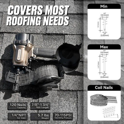 Professional Grade Pneumatic Roofing Nailer Badass Workhorse For Asphalt Shingle And Wood Siding Projects With High Capacity Coil Magazine And Smooth Trigger Action That Cuts Reload Time On Any Job Site Down To Nothing
