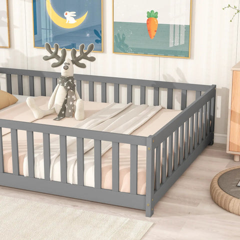 Full Floor Bed With Safety Guard Rails In Grey, Rubber Wood Low Profile Platform Frame For Kids, Super Solid Wood Sleep Setup