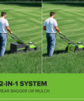 Person using 40V Cordless Lawn Mower With Brushless Motor, 17-Inch Deck, 4.0Ah Battery, 2-In-1 mulch or bag option on grass