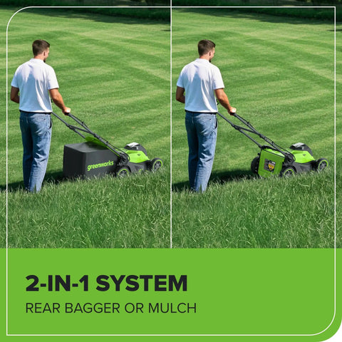 Person using 40V Cordless Lawn Mower With Brushless Motor, 17-Inch Deck, 4.0Ah Battery, 2-In-1 mulch or bag option on grass