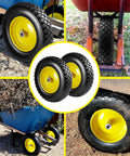 Flat Free 4.80 4.00 8 Inch Wheel And Tire For Wheelbarrows And Hand Trucks featuring yellow rim on various terrains.