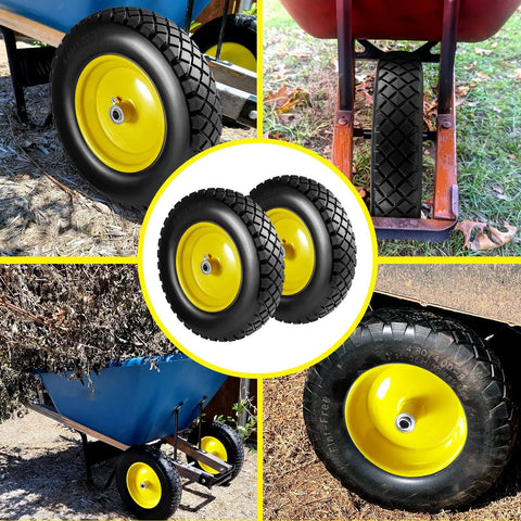 Flat Free 4.80 4.00 8 Inch Wheel And Tire For Wheelbarrows And Hand Trucks featuring yellow rim on various terrains.