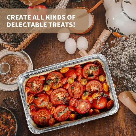 24 Pack Aluminum Disposable Cookie Sheets 16 By 11 Inch For Baking And Roasting Grilling Pans with roasted tomatoes inside
