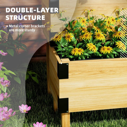 Side view of Two Tier Raised Garden Bed With Trellis Elevated Wooden Planter Box On Legged Frame With Metal Corners For Vegetables Flowers And Herbs In Natural Finish showing flowers in bloom."
