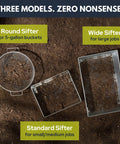 Wide Soil Sifter for Garden and Landscaping 17.5 by 11.5 Inch Mesh Sieve with 1/4 Inch Holes displayed with other sifters