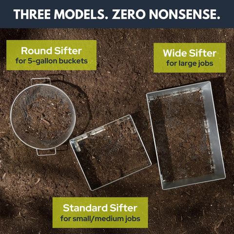 Wide Soil Sifter for Garden and Landscaping 17.5 by 11.5 Inch Mesh Sieve with 1/4 Inch Holes displayed with other sifters