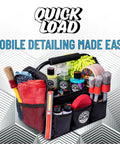 Grab And Go Quick Load Collapsible Car Detailing Caddy Organizer with bottles, brushes, towels, black design, mobile detailing