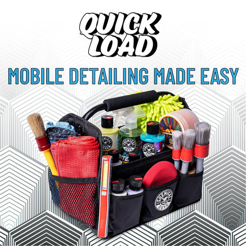 Grab And Go Quick Load Collapsible Car Detailing Caddy Organizer with bottles, brushes, towels, black design, mobile detailing