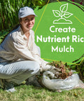 Person using bladeless leaf shredder for mulch creation in garden scene