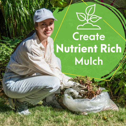 Person using bladeless leaf shredder for mulch creation in garden scene