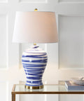 Blue And White Ceramic Table Lamp 29 Inch Tall With White Linen Shade For Living Room Bedroom Or Office Coastal Vibe Modern Nightstand Lamp With Energy Saving LED Bulb Included