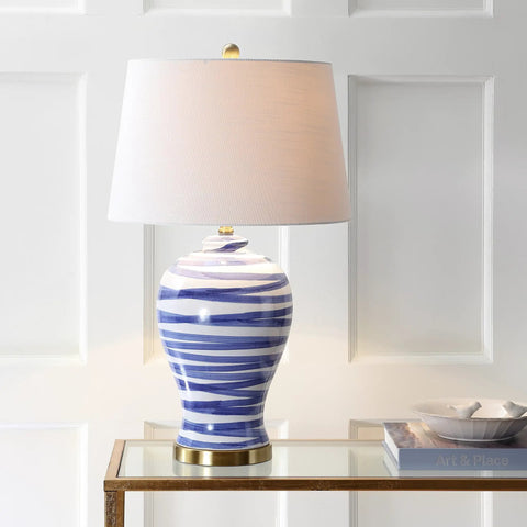 Blue And White Ceramic Table Lamp 29 Inch Tall With White Linen Shade For Living Room Bedroom Or Office Coastal Vibe Modern Nightstand Lamp With Energy Saving LED Bulb Included