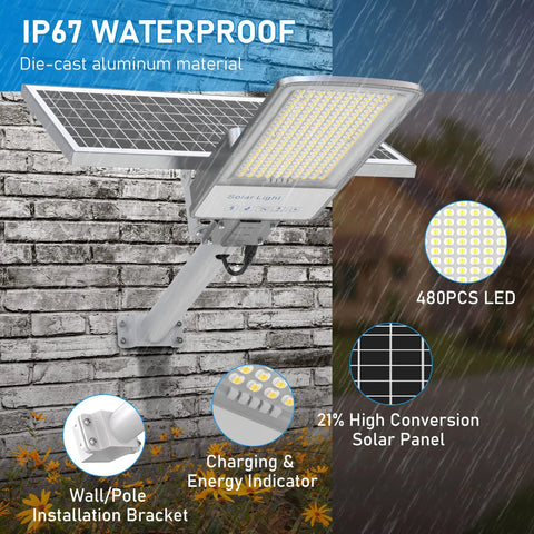 400W Solar LED Parking Lot Light 6500K Waterproof Dusk To Dawn Outdoor Flood Security Lighting Mega Bright 30000 Lumens shown mounted