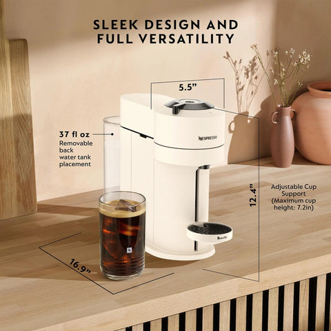 Side view of Vertuo Next Premium Coffee And Espresso Maker With Aeroccino Milk Frother From Breville In Creamy White And Dark Chrome Finish