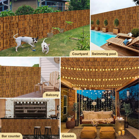 Privacy Screen Made Of Bamboo Reed Fencing For Patio And Backyard Hangout, 4 Feet High Outdoor Privacy Barrier in various settings
