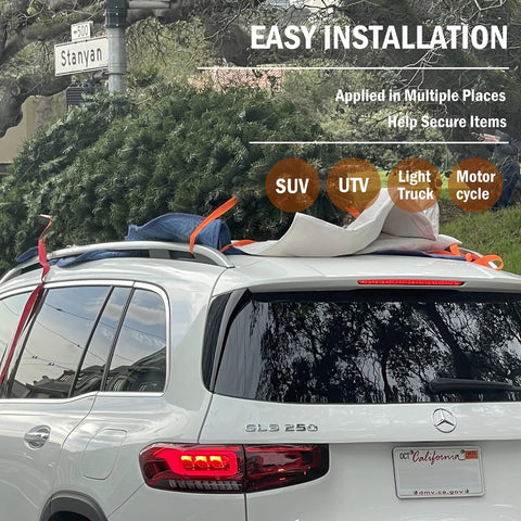 SUV with Heavy Duty Ratchet Tie Down Straps With Hooks 1 Inch Wide 10 Feet Long Pack Of 6 Built For Real Tough Hauling on rooftop