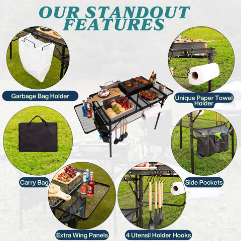 Portable Folding Table With Carry Case And Built In Paper Towel Holder Garbage Bin Wing Panels 3x2 Ft Outdoor Table Features