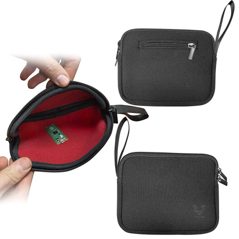 Black zippered pouch holding Raspberry Pi 4 Starter Kit With Fan Cooled ABS Case And 4GB Model B Board Plus Essential Accessories.