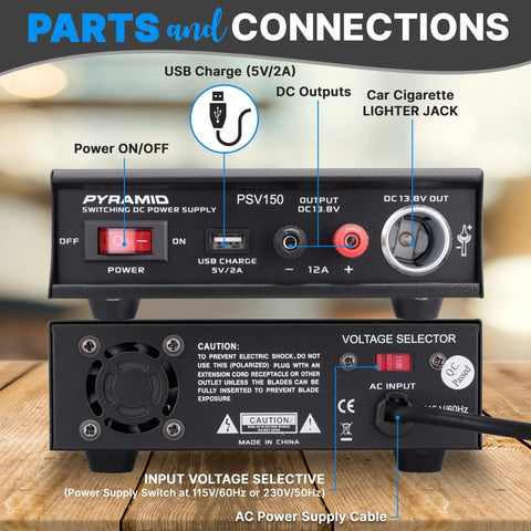 Parts and connections of Beefy Universal Compact Benchtop Power Supply 12 Amp Variable Linear Regulated AC DC Converter.