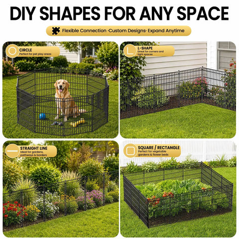 Easy To Install No Dig Garden Fence With Gate 44 Inch High 23.6 Foot Long Decorative Metal Outdoor Dog Fence Rustproof Pet Fencing For Yard Patio Garden Bed Temporary Fence For Pets showing various shapes and uses in garden setting.