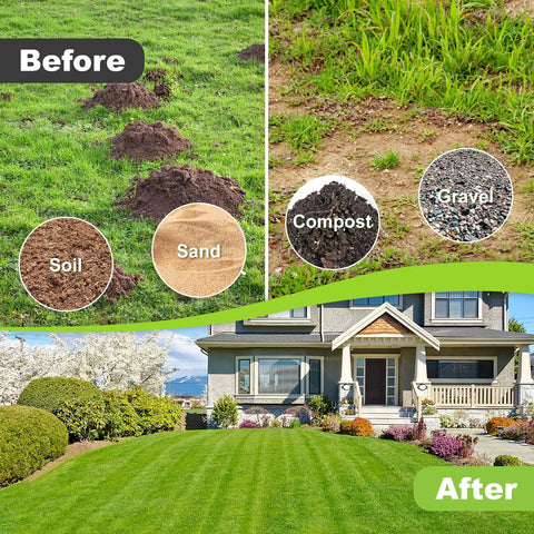 Before and after soil leveling using angled design lawn leveling rake with 30 by 10 inch stainless steel head for yard work
