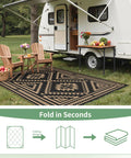 Reversible Waterproof Outdoor Rug 5x8 Ft For Patio Deck Porch RV Beach And Backyard With Black And Brown Geometric Pattern
