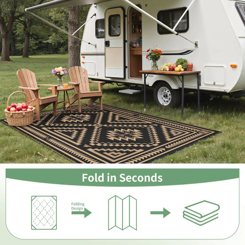 Reversible Waterproof Outdoor Rug 5x8 Ft For Patio Deck Porch RV Beach And Backyard With Black And Brown Geometric Pattern