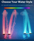Solar Pool Fountain With Ten Color LED Lights And Four Lighting Modes, showing dual spray options over pool