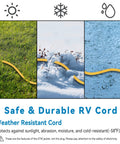 50 Amp RV Extension Cord 25 Ft Heavy Duty Weatherproof Generator Power Cable shown in varied weather conditions on grass, snow, and water.