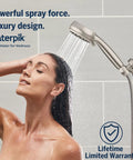 High Pressure Handheld Shower Head With 5 Foot Hose PowerPulse Massage 7 Spray Modes Chrome Finish in use, woman enjoying rinse