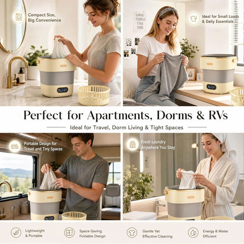 No Headache Foldable Portable Washing Machine With 17L Tub and Fast Spin Cycle during use for washing laundry in a compact kitchen.