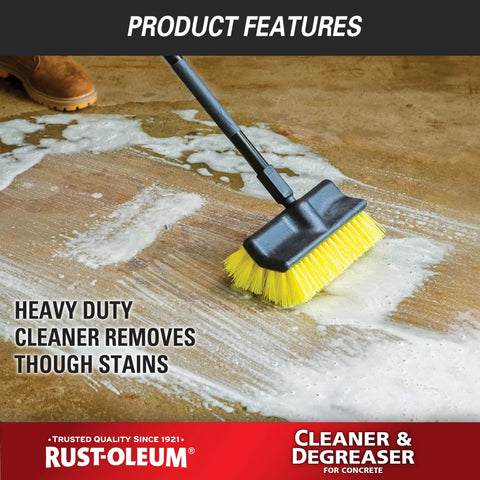 Heavy Duty Cleaner Degreaser For Home And Pro Jobs Prep Concrete For Paints Stains And Sealers Improves Adhesion Environmentally Safe And Plant Friendly Safe For Grass And Plants 1 Gallon being used on concrete surface with brush