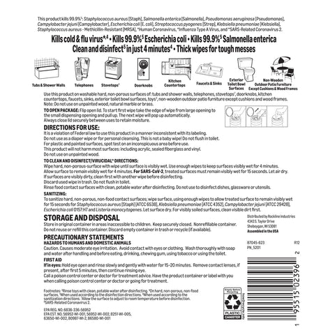 Back label of Lemon Scent Disinfecting Wipes For All Purpose Cleaning Thick Wipes That Tackle Tough Messes Sanitizes Cleans Disinfects.