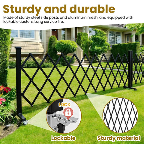 Straight Up Solid Expandable Metal Barricade With Quick Lock Scissor Gate Roll With Ease on grass, featuring lockable casters and steel posts.