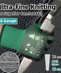 Green Ultra Thin Cut Resistant Work Gloves For Mechanics ANSI A6 AR3908 holding knife, showing comfort fit and ultra-fine knitting.