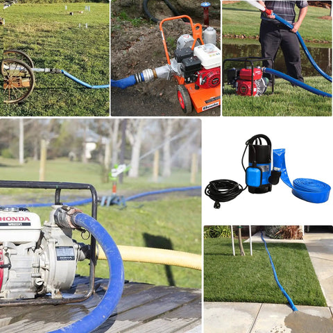 Collage of Beefy Heavy Duty 3 Inch By 100 Foot Pool Backwash Hose Lay Flat Blue PVC Water Discharge Tube in various outdoor uses.