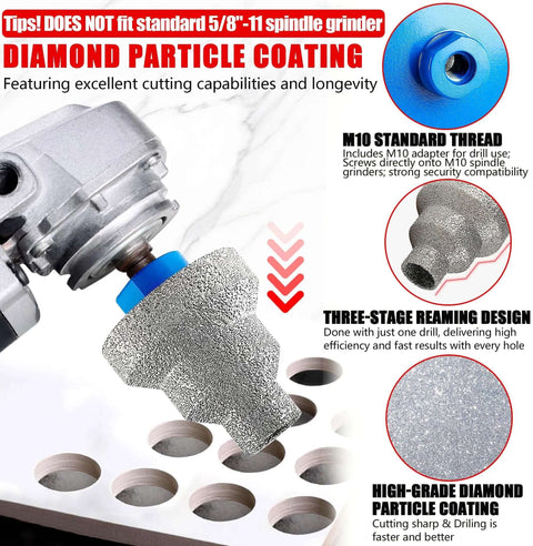 Diamond core drill bit with M10 adapter for tile drilling; blue coupling and diamond-coated edge