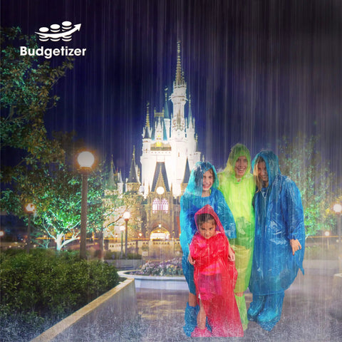 Family wearing extra thick rain ponchos with shoe covers in a park at night. Extra Thick Rain Ponchos Family Pack With Shoe Covers Included 10 Pack For Rainy Days And Outdoor Adventures Keeps You Dry And Shoes Clean With Anti Slip Elastic Closure No Sweat.