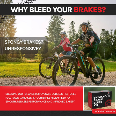 Cyclists on MTB bikes in nature with text about brake bleeding benefits, promotes Magura Hydraulic Disc Brake Bleed Kit For Magura Brakes