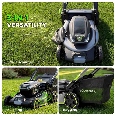60V Brushless Cordless Self Propelled Lawn Mower With 21 Inch Deck 5Ah Battery LED Headlight Rapid Charger 3 In 1 Versatility For Large Yards Quiet Power Low Maintenance Durable Lawn Care Machine shown side discharge, mulching, and bagging