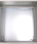 Inside view of heavy duty fully enclosed IP66 electrical enclosure with lock and keys NEMA 4 metal box showing backplate
