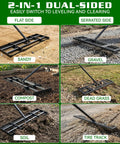 32x10 Lawn Leveling Rake with Serrated Edge and Smooth Plate in use on soil, gravel, compost, dead grass, and tire track