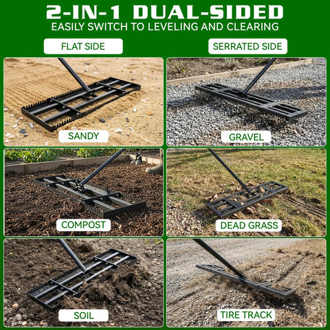 32x10 Lawn Leveling Rake with Serrated Edge and Smooth Plate in use on soil, gravel, compost, dead grass, and tire track