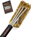 Soft Bristle Brass Grill Brush for Grilling, 18-inch tool with brass bristles and handle close-up, cleaning tool for all grate types.