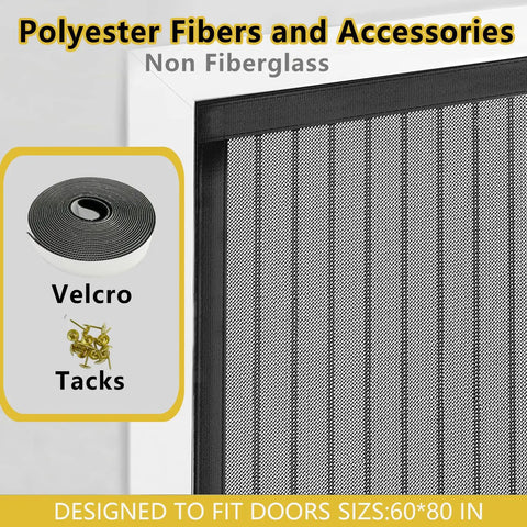 Magnetic Screen Door For 60x80 Inch Openings Fits 62x81 Inch Mesh Keeps Bugs Out With Hands Free Magnetic Closure For Interior Exterior Doors Patio Outdoor Home Use Black shown with velcro and tacks