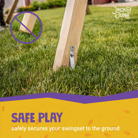 Wooden swing set leg secured with Playset Anchor Kit for Swing Sets Heavy Duty Ground Anchors in grassy backyard.