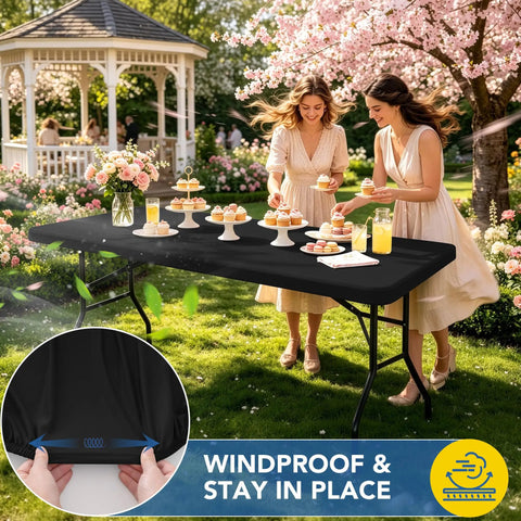 Six Pack Fitted Tablecloth For 6 Foot Rectangular Tables Black Elastic Spandex Stretch Table Cover outdoor dining setup