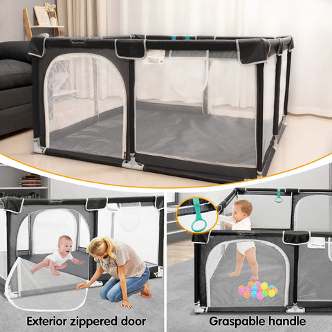 50x50 Inch Baby Playpen Play Yard Indoor Outdoor Gate for Toddlers and Babies, all view mesh design, waterproof Oxford cloth shown